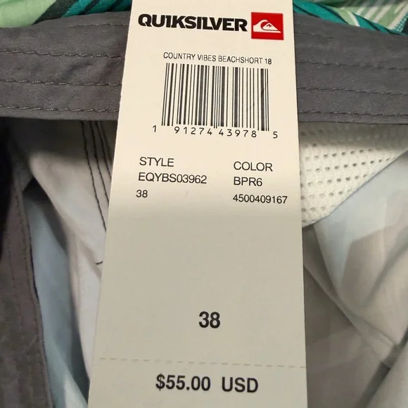 NWT QUIKSILVER SZ 38 Mens Board Shorts w/Pockets, Drawstring Swim Vacation Beach - Picture 9 of 12